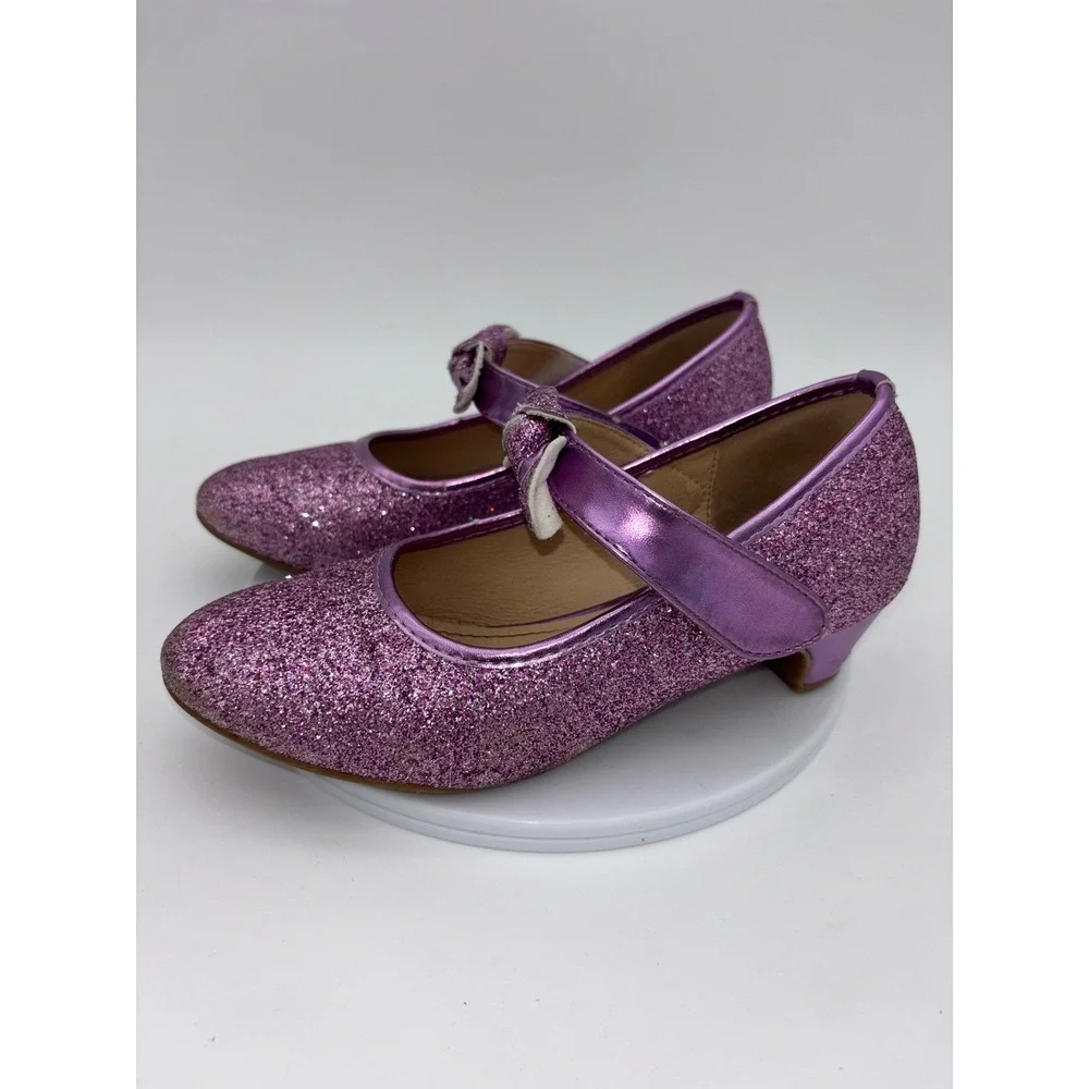GLITTER MARY JANE SHOES Girls Purple Bow Sparkle Heel Party Daddy Daughter Dance
